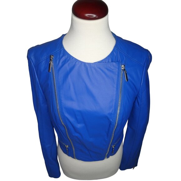 Bebe‎ Bright Blue Biker Zip Up Sleeves Leather Jacket Women's M - Picture 1 of 8
